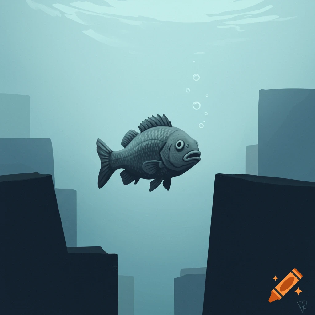 A frightened fish swims among dark silhouettes underwater.
