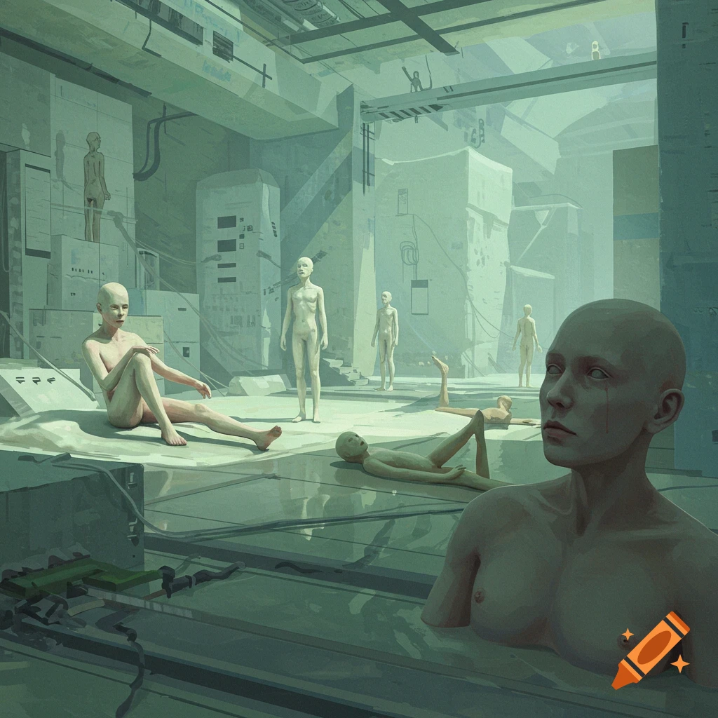 The concept of the uncanny valley, with several featureless humanoid figures in a sterile, industrial setting.