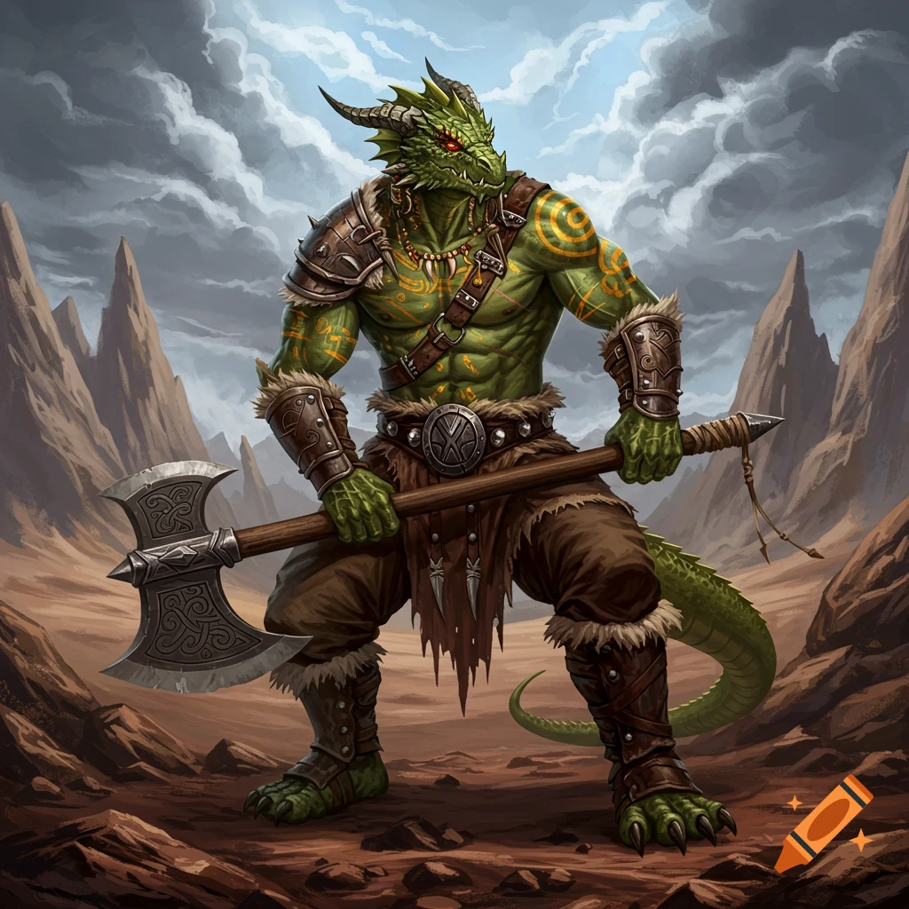 A green Dragonborn barbarian stands in rocky terrain, holding a large axe.