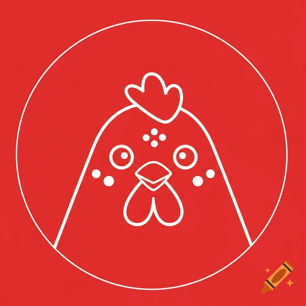 A minimalist white line drawing of a chicken face inside a white circle on a red background.