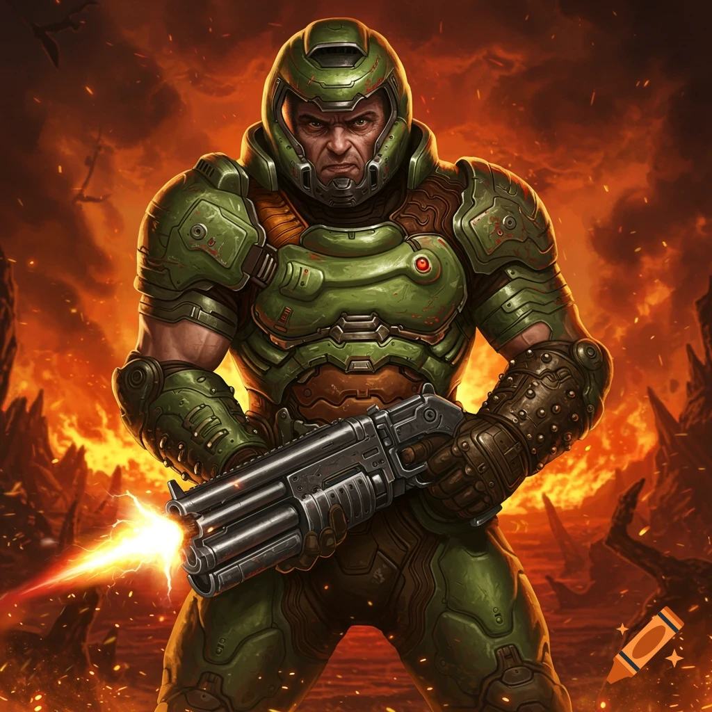 Doomguy holding a shotgun in a fiery hellscape