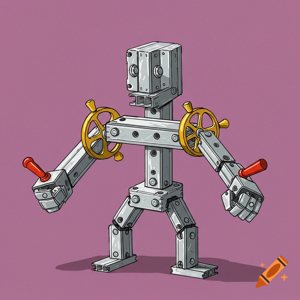 Illustration of a robot constructed from t-slot framing and handwheels on a purple background