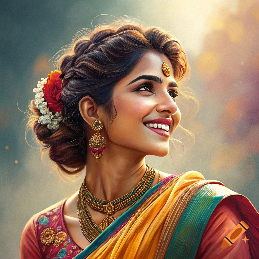 A beautiful woman in traditional Indian attire with intricate jewelry smiles.