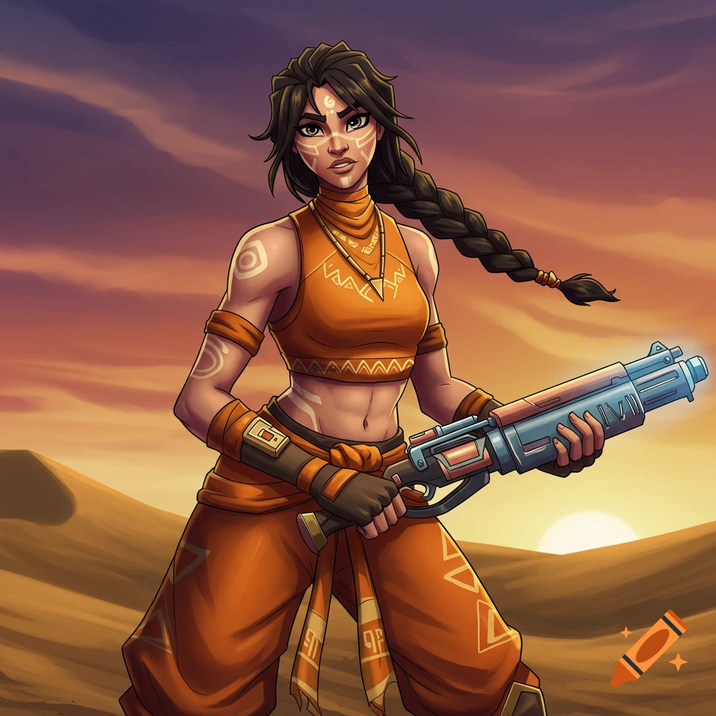 A character in orange tribal clothing holds a futuristic shotgun in a desert sunset.