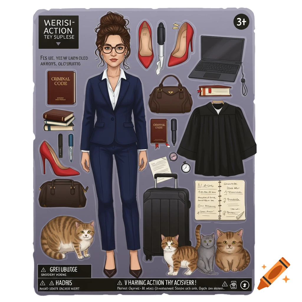 Illustration of a lawyer action figure with a suit, accessories, and cats, styled like a toy box.