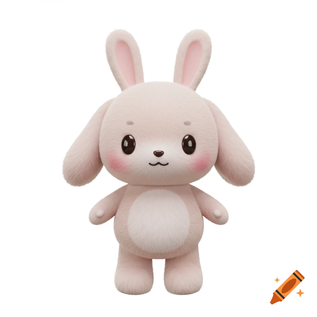 A cute pink fuzzy 3D model of a rabbit standing on a white background.