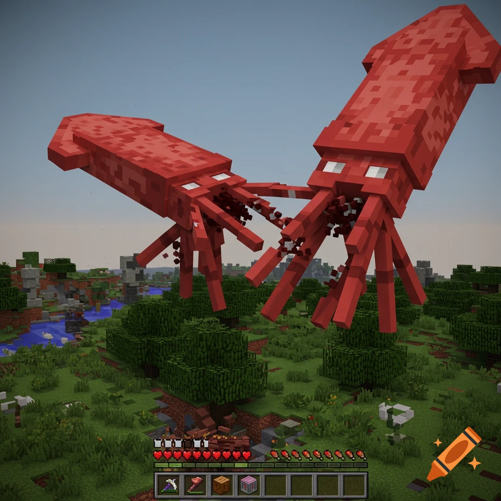 Two large blocky red squids hover over a Minecraft landscape with the game's HUD visible.