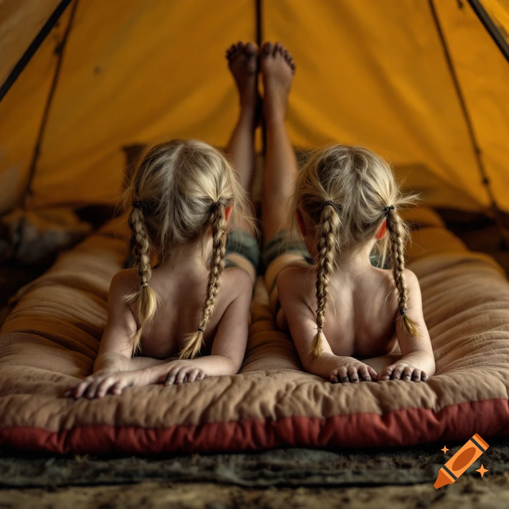 Rear view of two young girls with pigtails lying on air mattress inside a tent