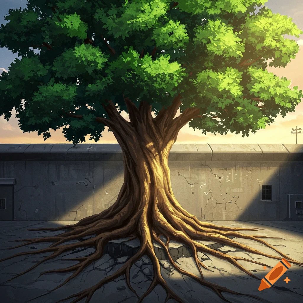 A large tree with roots breaking concrete in a prison yard at sunset.
