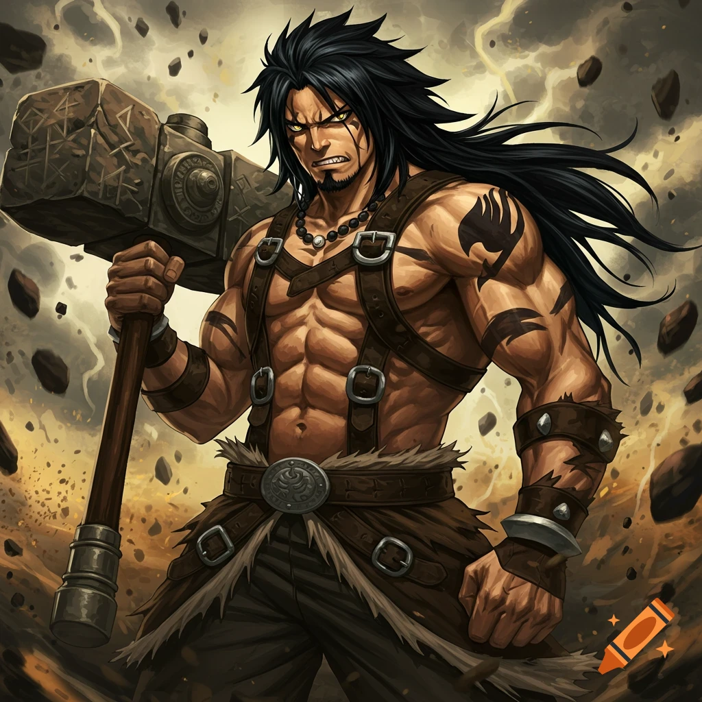Muscular fantasy man with black hair, yellow eyes, tattoos, and a large hammer