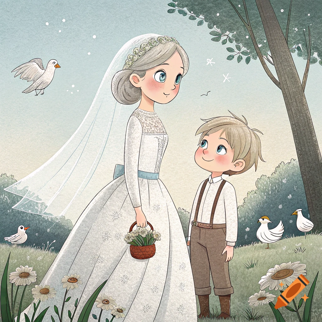 Illustration of a bride and boy with doves in a field of flowers.