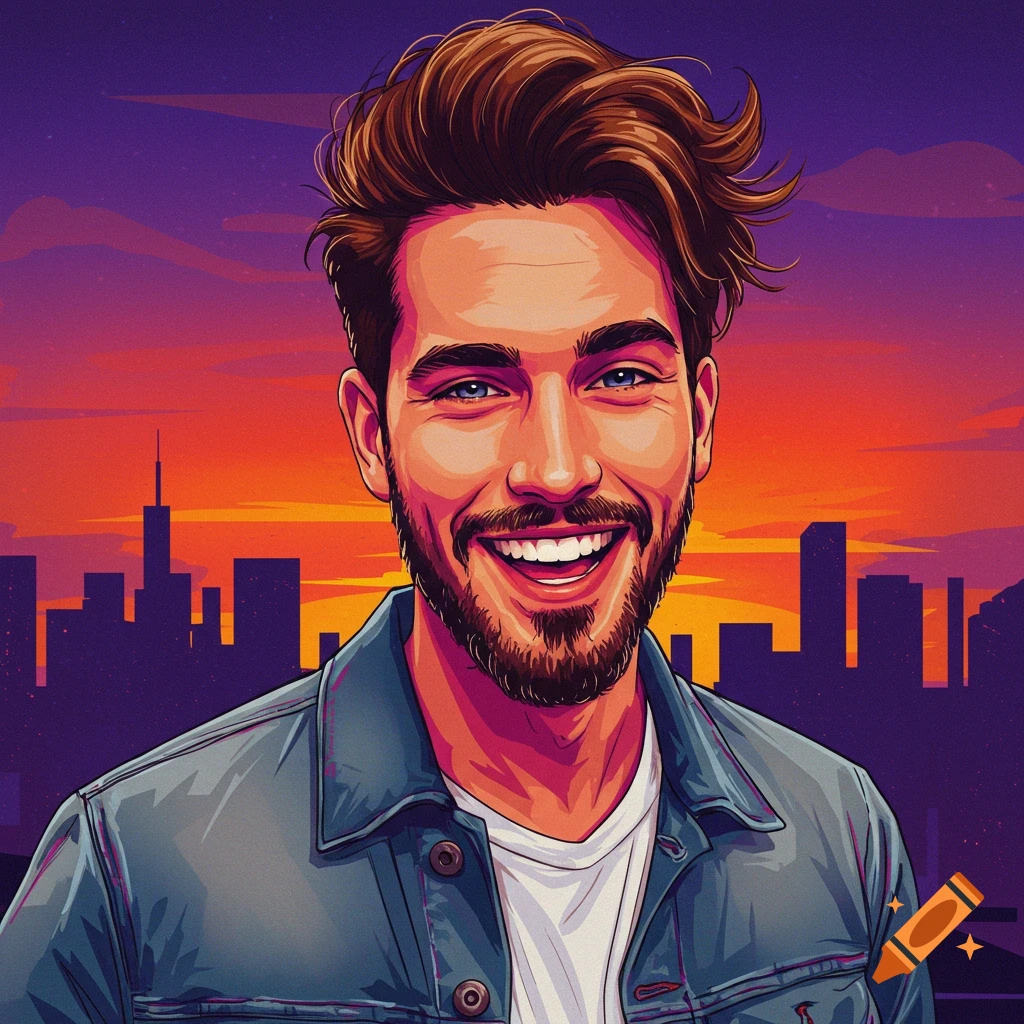 A smiling young man with a beard and denim jacket is shown against a sunset cityscape.