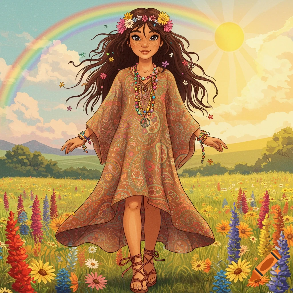 Illustration of a girl in a bohemian dress and flower crown standing in a field of flowers under a rainbow.