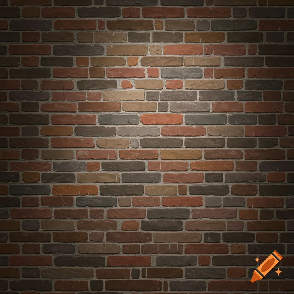 Close-up of a brick wall with mixed colored bricks, lit from above.