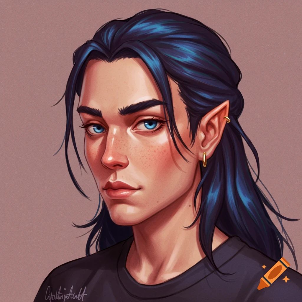 Portrait of a person with blue eyes, dark blue hair, and pointed ears wearing a black shirt.