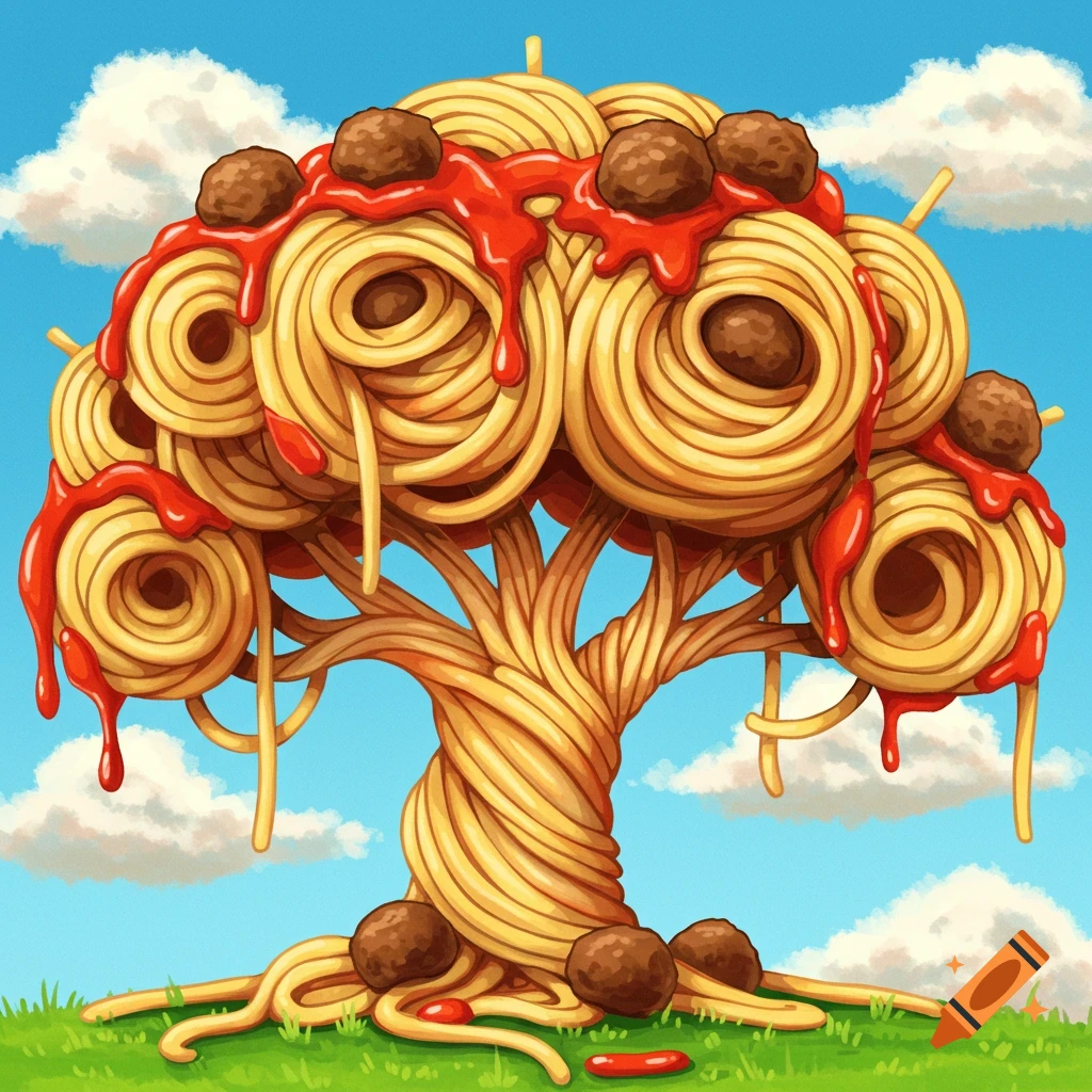A tree made of spaghetti, meatballs, and tomato sauce in a grassy field under a blue sky.