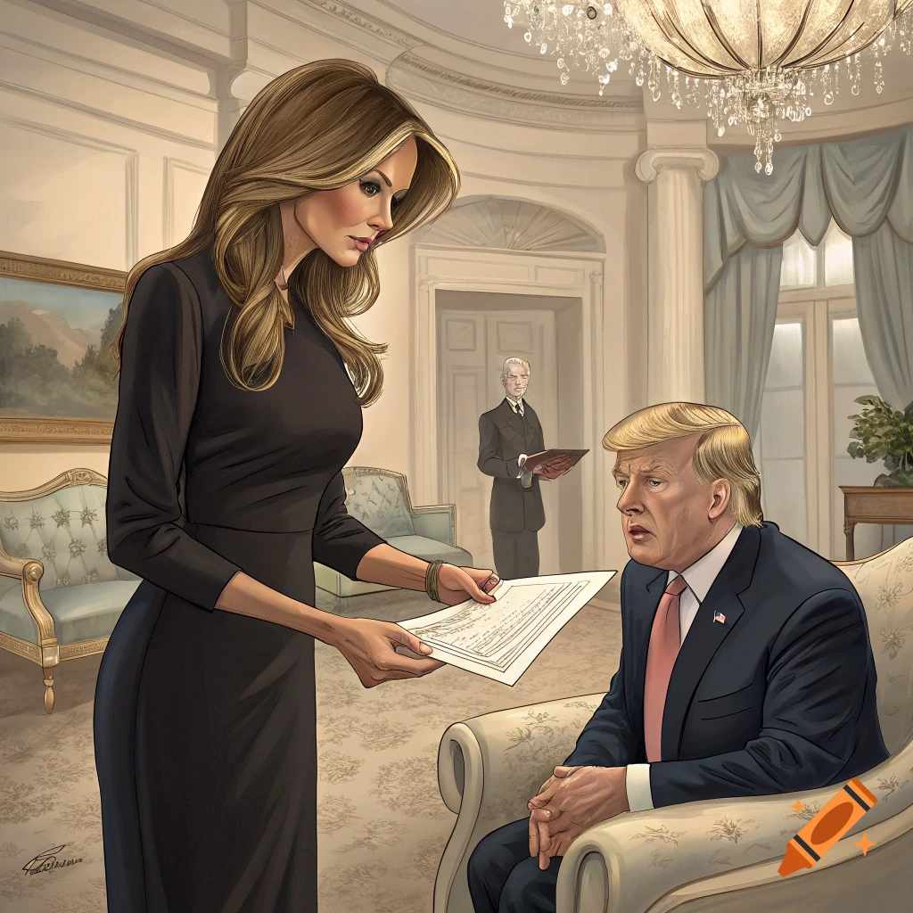 Illustration of Melania Trump handing papers to Donald Trump in a room resembling the White House.