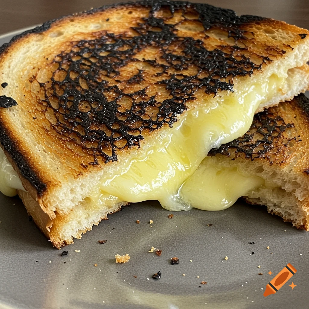 Close-up of a burnt grilled cheese sandwich on a grey plate with melted cheese oozing out.