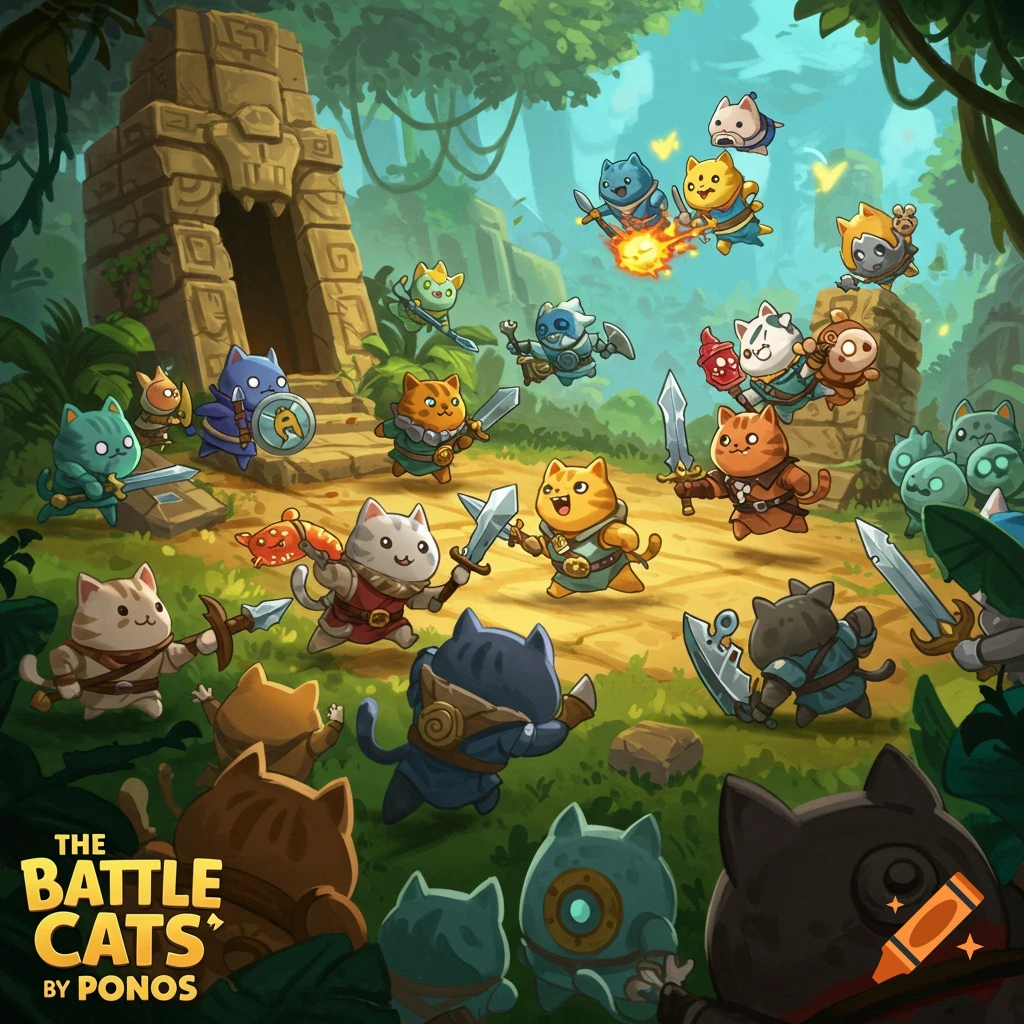 Cartoon cats in armor fighting with swords and shields in a jungle ruin.
