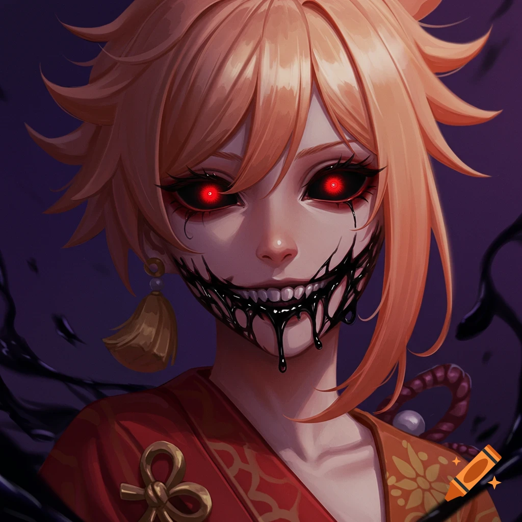 Anime character with glowing red eyes and black substance leaking from a distorted mouth, against a dark background.