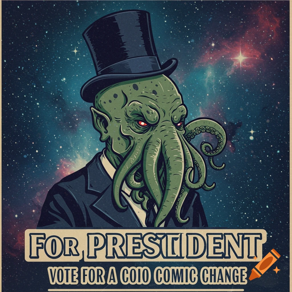 An illustration of a Cthulhu-like monster in a suit and top hat against a space background, with election poster text.
