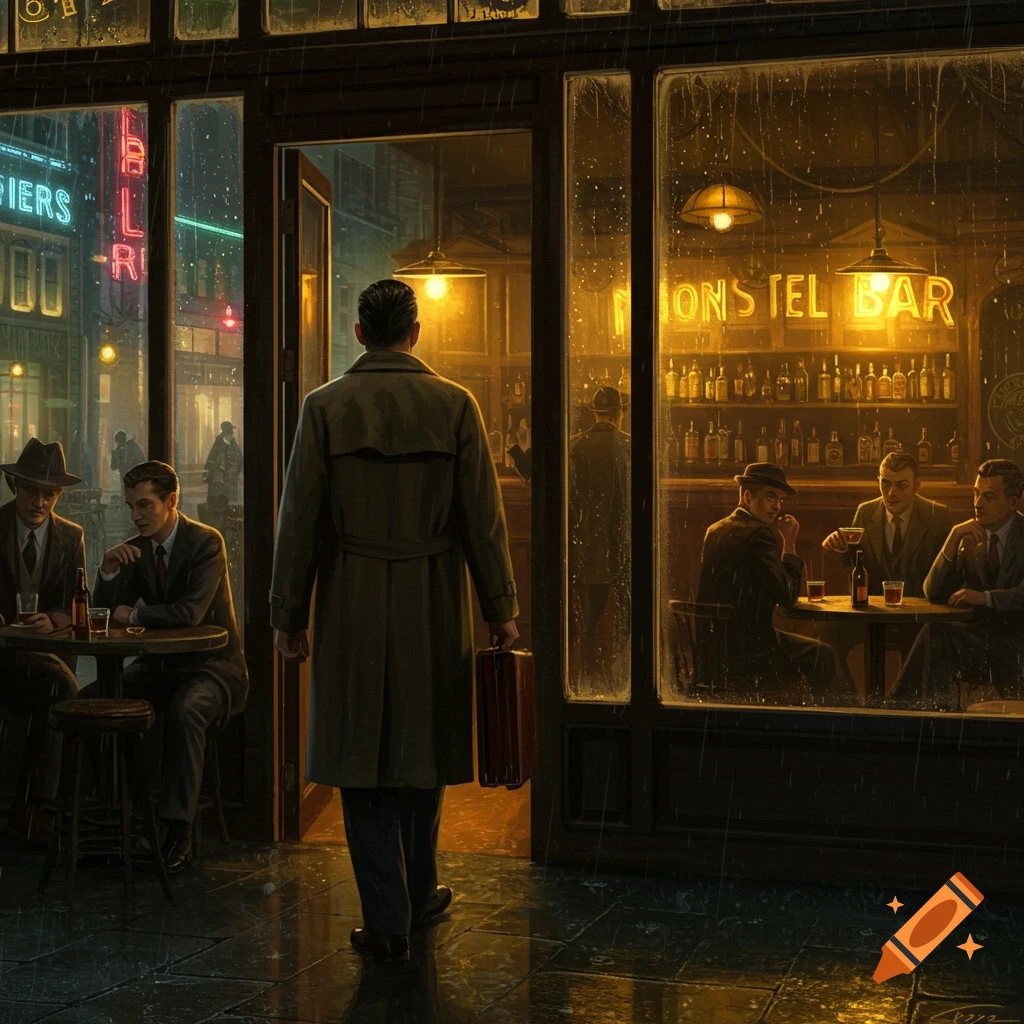 A man in a trench coat entering a bar on a rainy night.