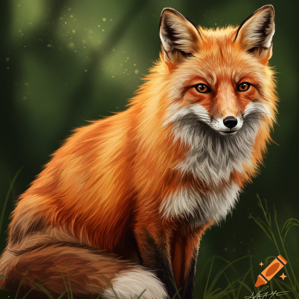 A fox sitting in grass with a blurred forest background.