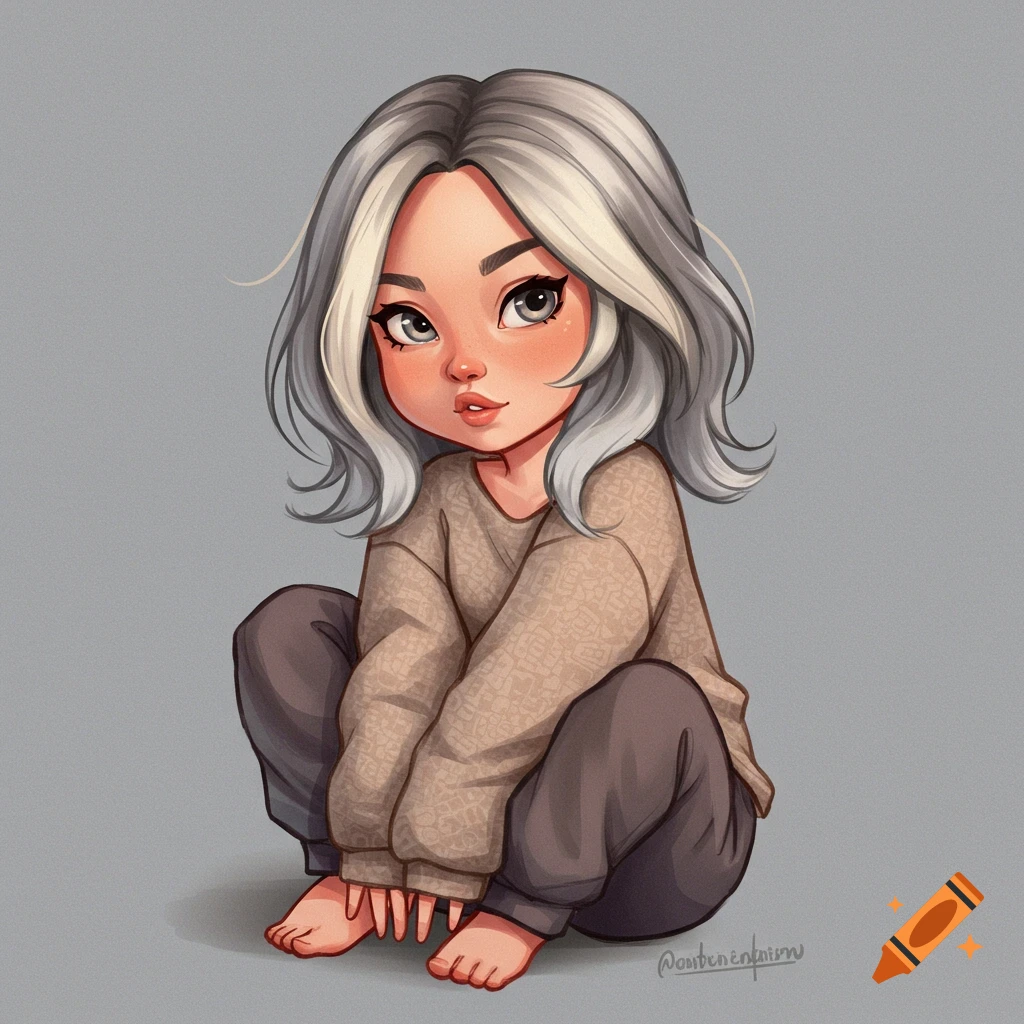 A stylized image of a young person with gray and white hair, wearing a sweater and pants, crouching.