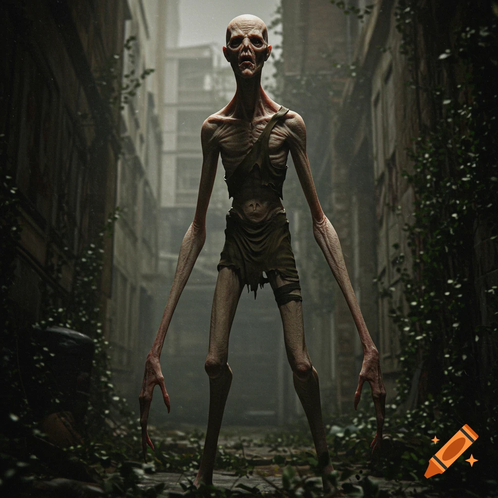 A tall, thin creature with long arms and claws stands in a desolate alley. Photorealistic style.