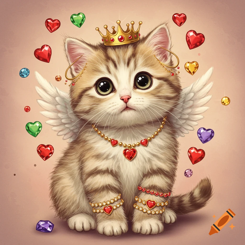 A fluffy kitten is depicted wearing cupid wings, a crown, and red heart jewelry. The kitten is surrounded by heart-shaped gems.
