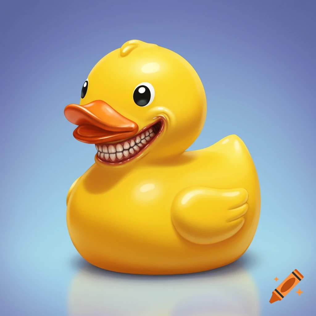 A yellow rubber duck with human-like teeth against a blue background.
