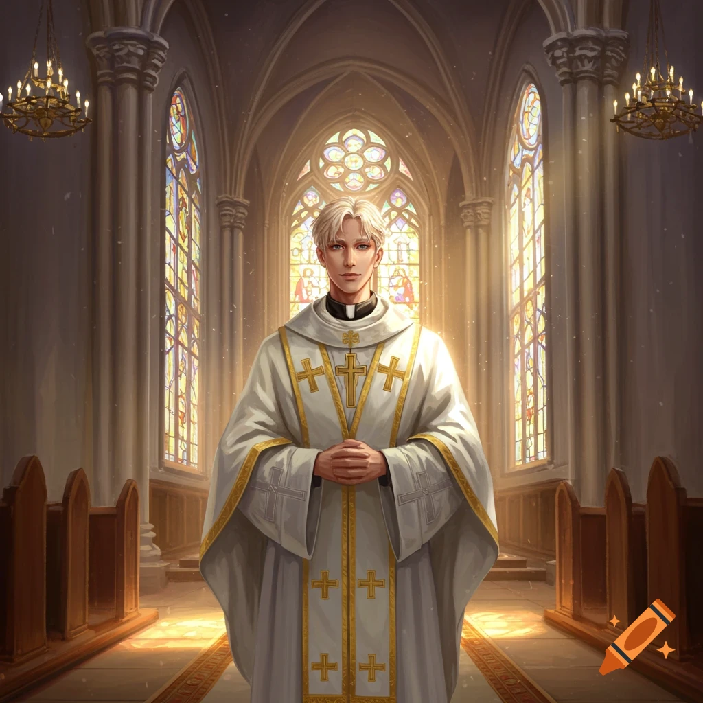 A man dressed as a priest standing in a church.