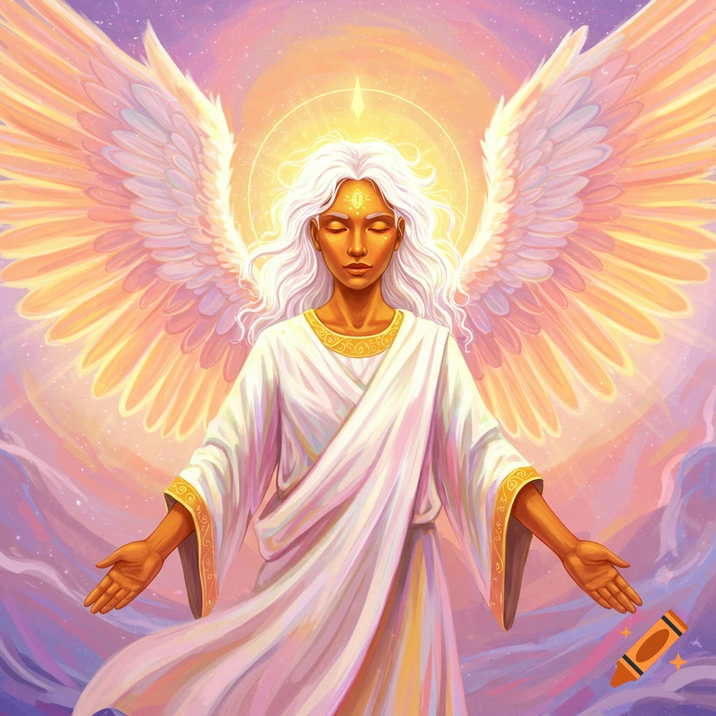 An angel with white hair and large wings, wearing a white robe, stands with arms outstretched in a glowing light.