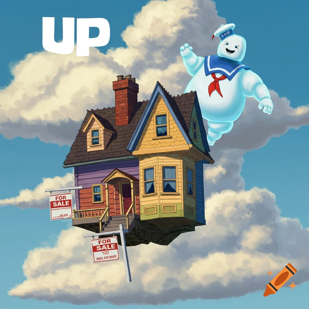The Up house floating in the sky with the Stay Puft Marshmallow Man. It has 'UP' text and 'FOR SALE' signs.