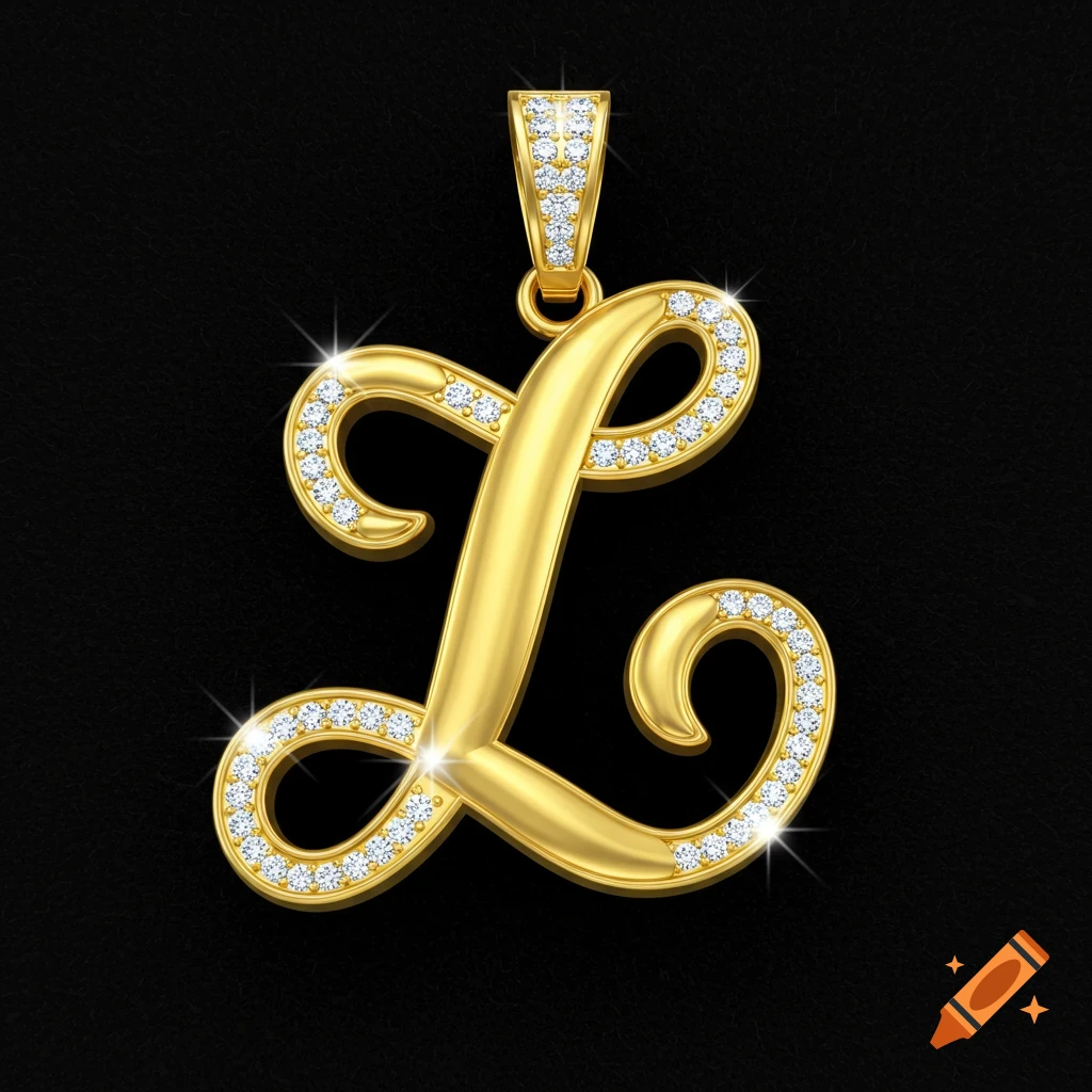 Golden cursive letter L pendant outlined with diamonds