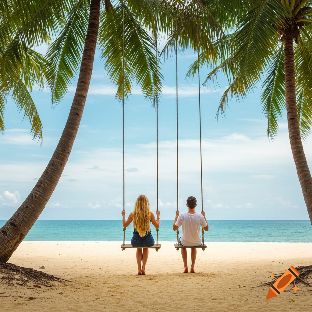 A couple sits on swings on a beach looking at the ocean, framed by palm trees.