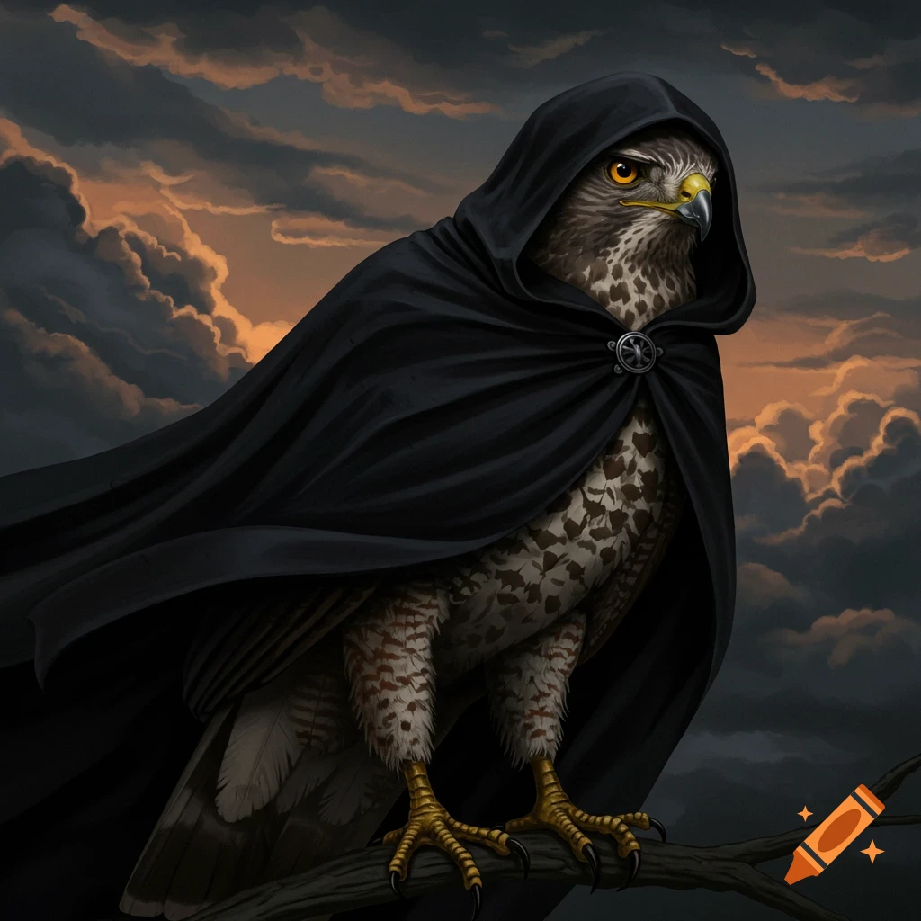 A hawk in a black cloak perches on a branch under a stormy sky.