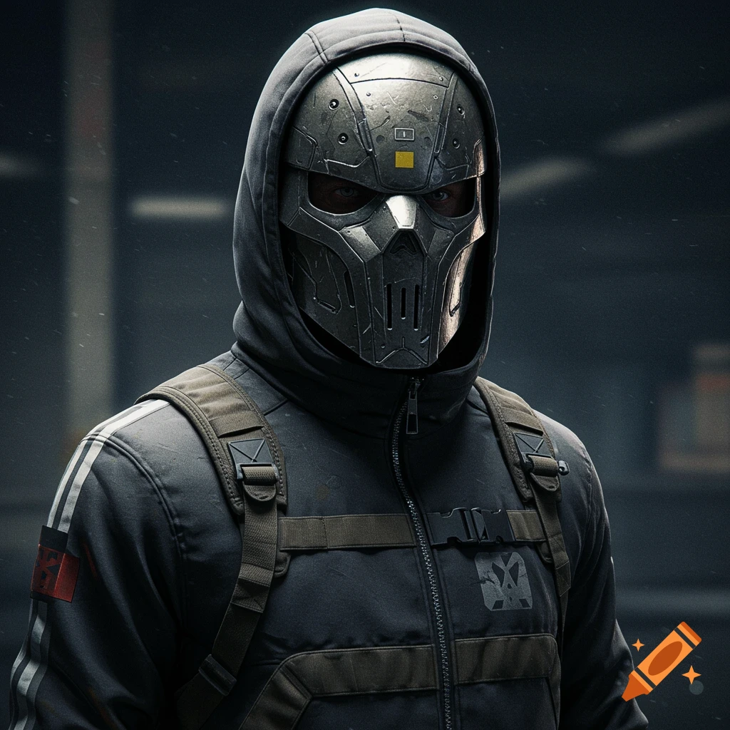 A character in a grey hoodie, tactical vest, and a metallic mask.