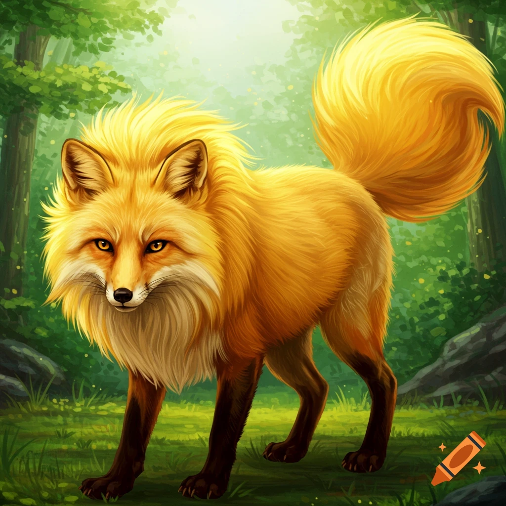 A stylized orange fox-like creature with a fluffy mane stands in a forest.