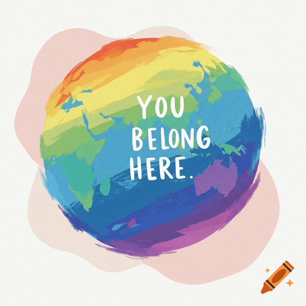 A rainbow colored globe with the words 'You belong here' written on it.