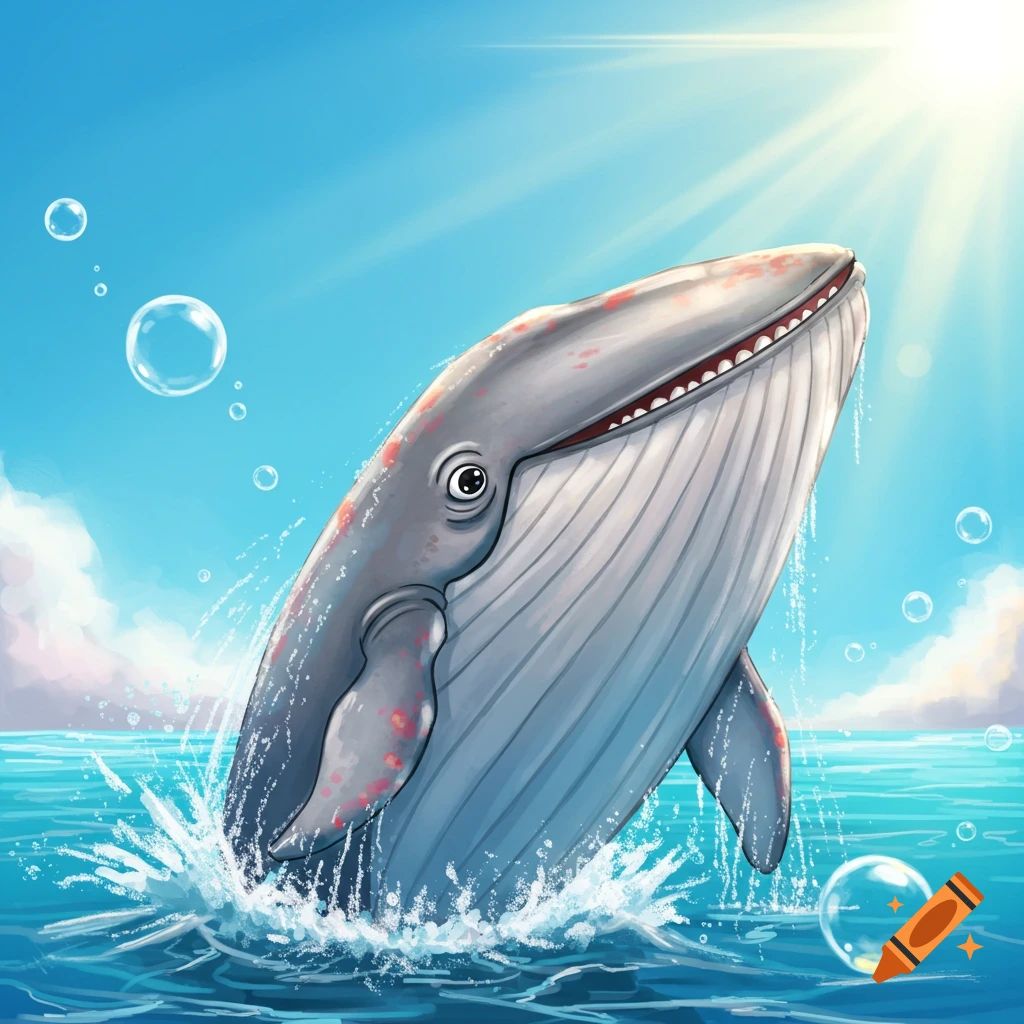 A happy whale breaching the ocean surface under a sunny sky.
