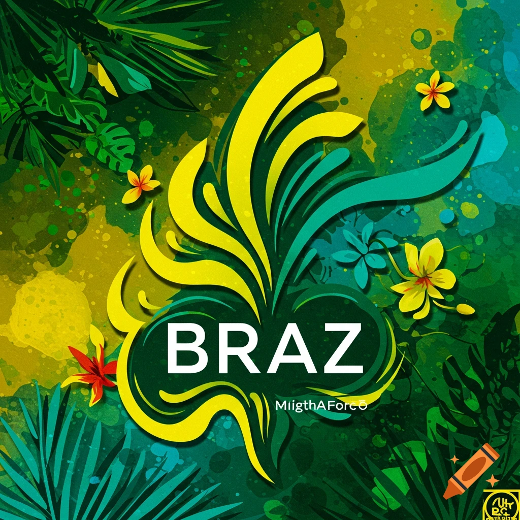 Vibrant green and yellow image with tropical leaves and flowers surrounding the large text 'BRAZ'.