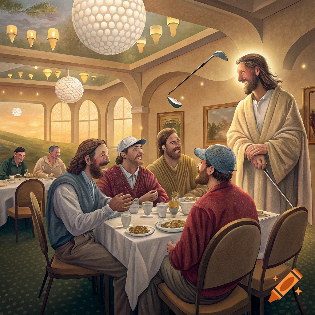 Jesus Christ stands holding a golf club, smiling at a table of laughing golfers eating in a banquet hall.