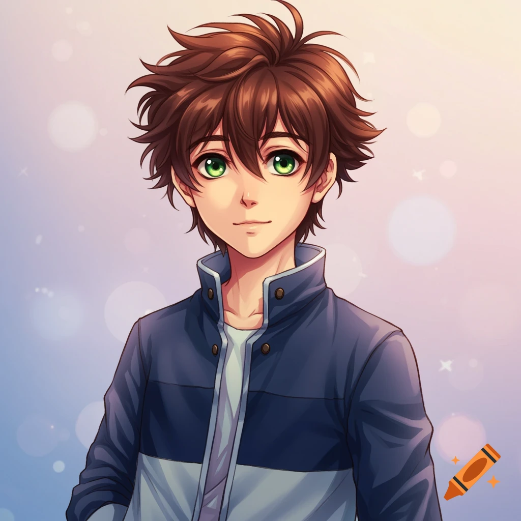 Anime portrait of a boy with messy brown hair and bright green eyes wearing a blue and gray jacket against a soft gradient background.