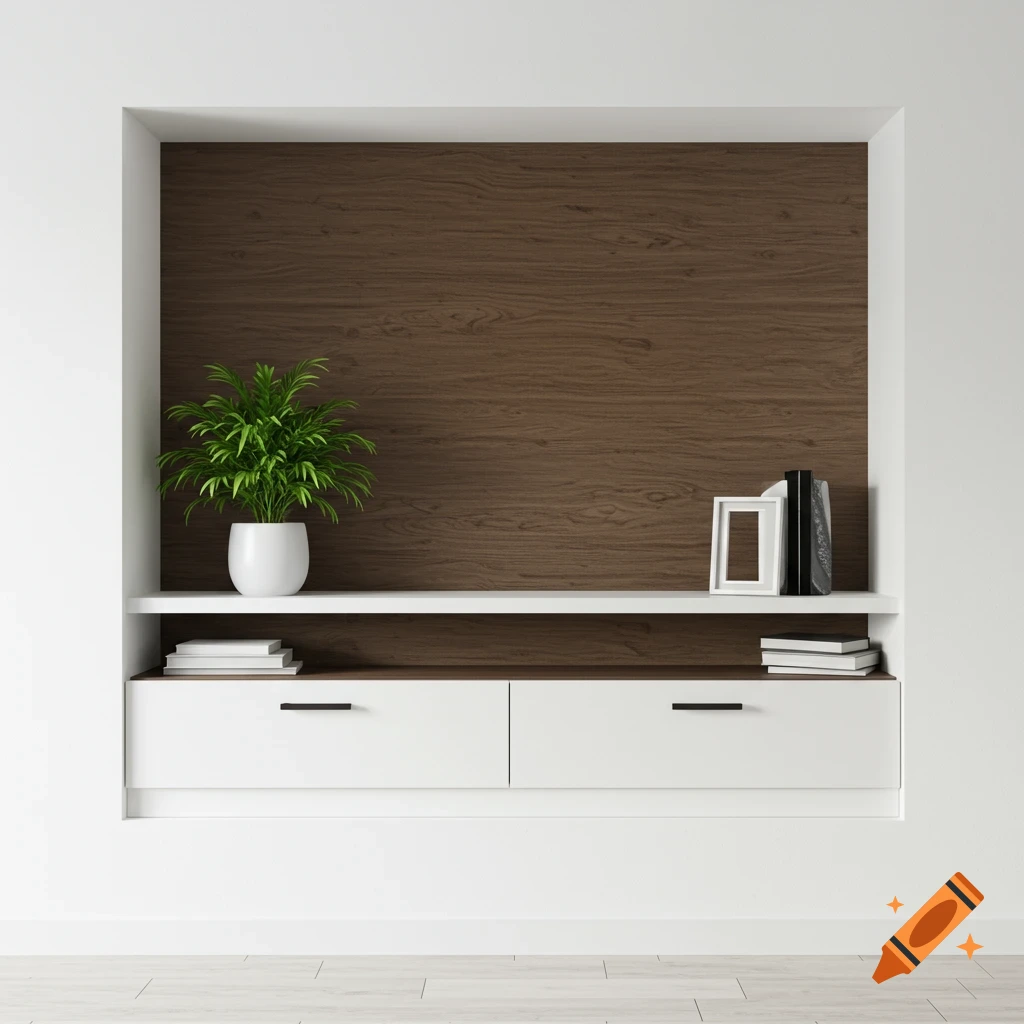 A built-in white wall niche with a shelf cabinet, a potted plant, books, and a picture frame against a brown wood paneled back.