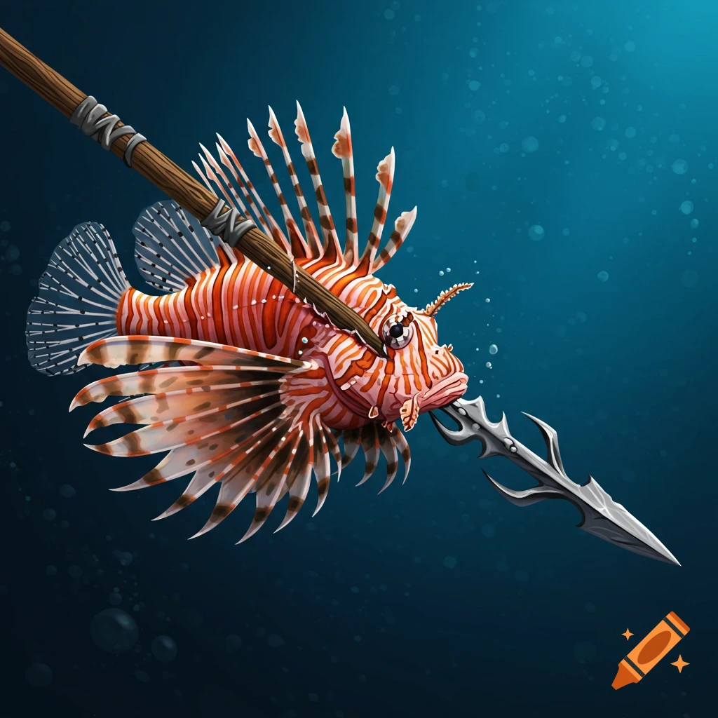 A lionfish is pierced by a spear underwater