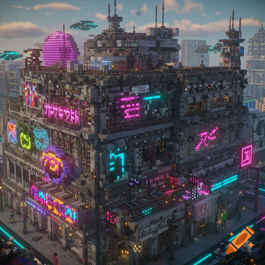 A detailed block-based rendering of a large cyberpunk building with neon signs.