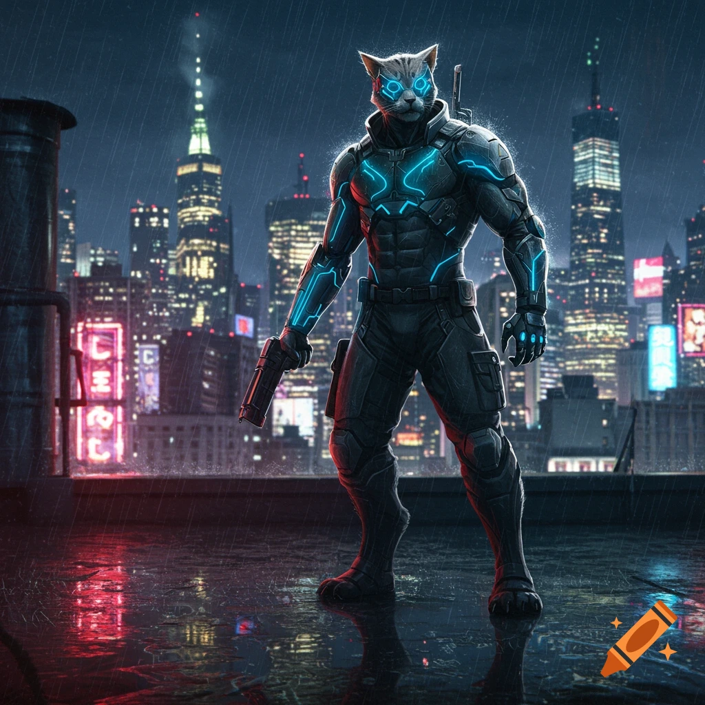 A cat hero in glowing armor stands on a rainy rooftop overlooking a futuristic cityscape at night. Sci-fi style.