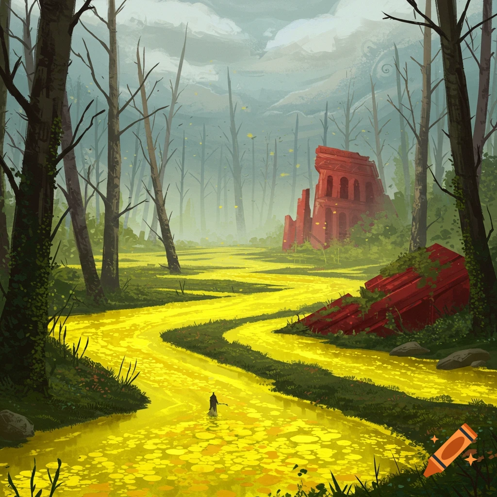 A figure walking down a winding yellow river in a forest with red ruins.