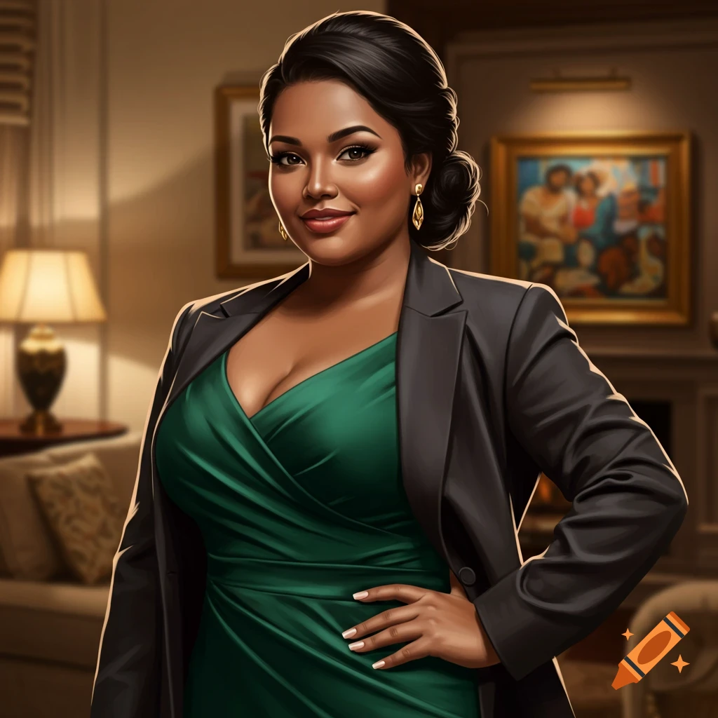 A woman in a green dress and black blazer stands in a living room.